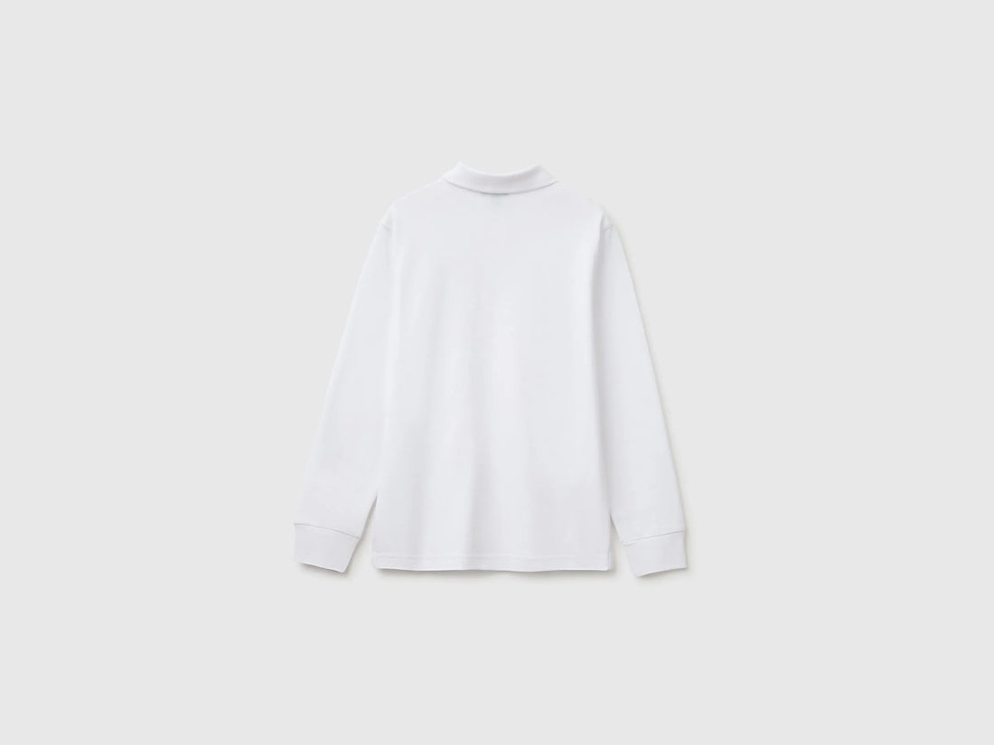 Benetton White Boys Long-Sleeved Polo Shirt in Organic Cotton SKU: 3089C302E_101 Image 02