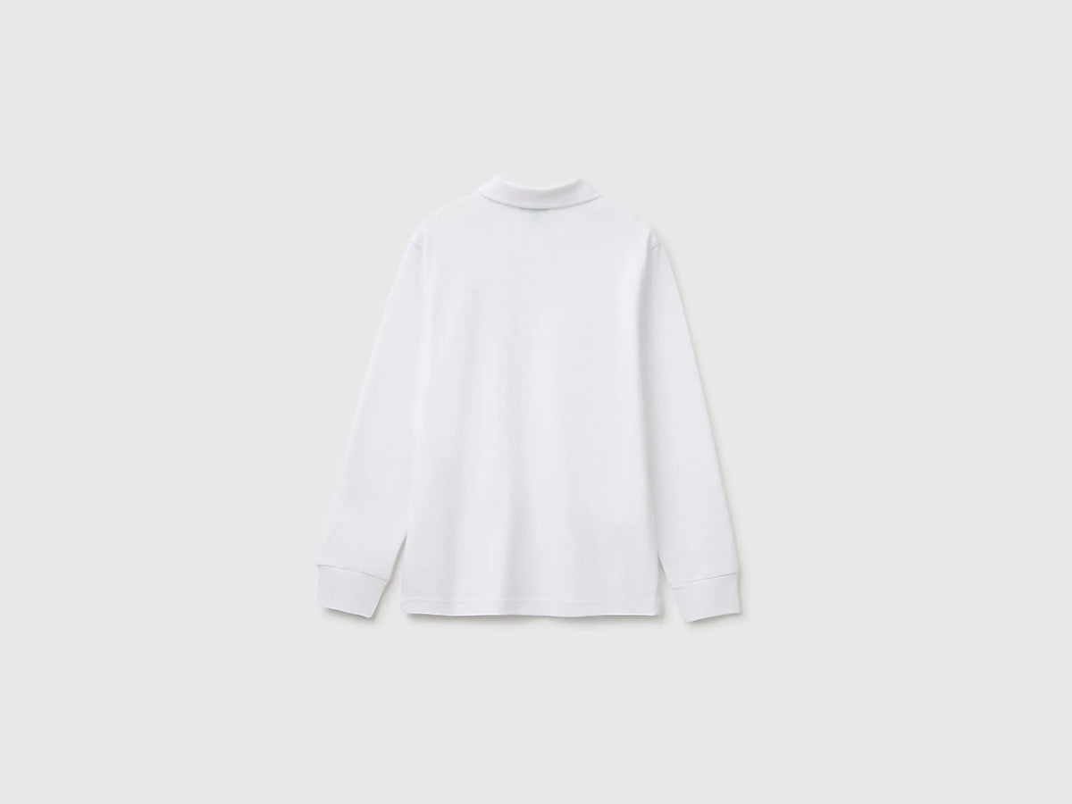 Benetton White Boys Long-Sleeved Polo Shirt in Organic Cotton SKU: 3089C302E_101 Image 02