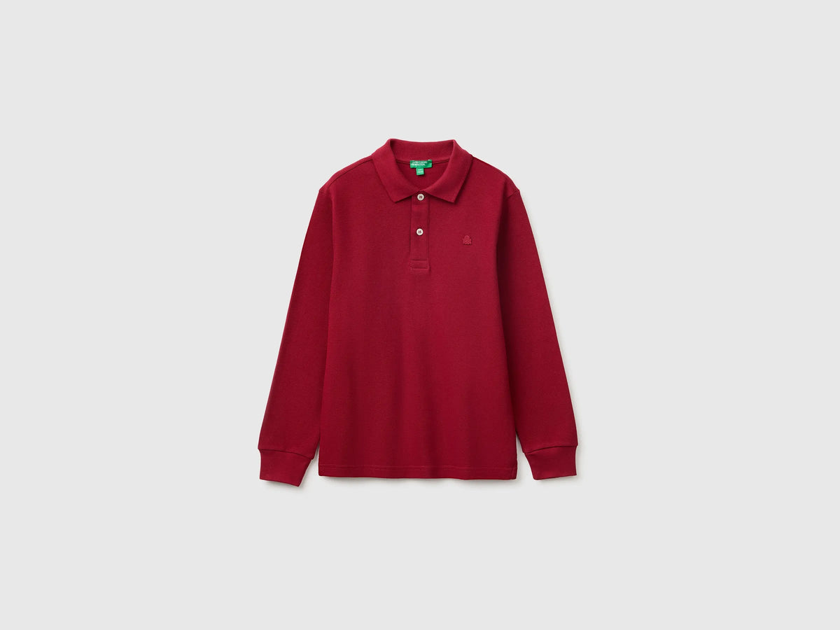 Benetton Burgundy Boys Long-Sleeved Polo Shirt in Organic Cotton SKU: 3089C302E_21C Image 01