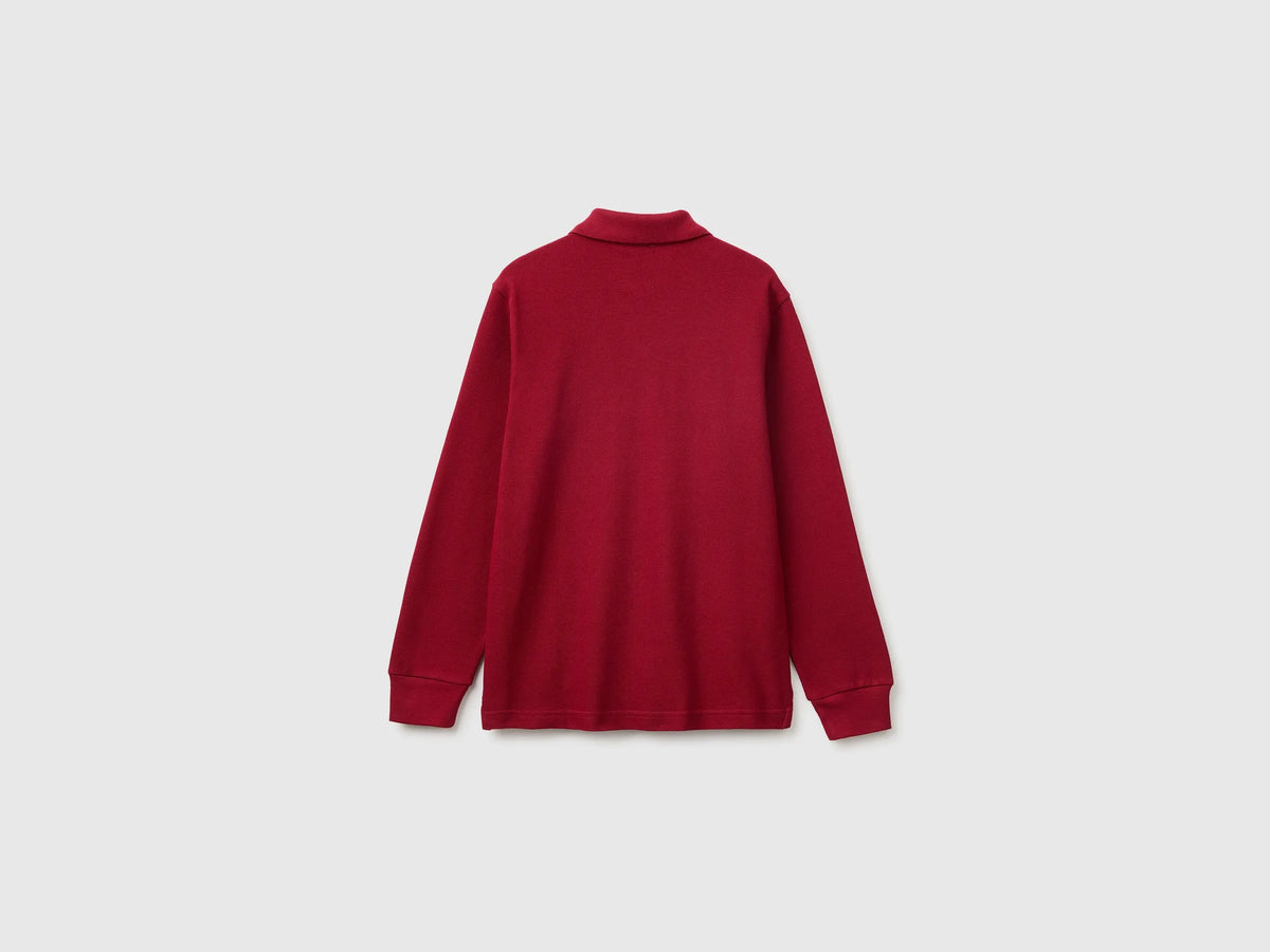 Benetton Burgundy Boys Long-Sleeved Polo Shirt in Organic Cotton SKU: 3089C302E_21C Image 02