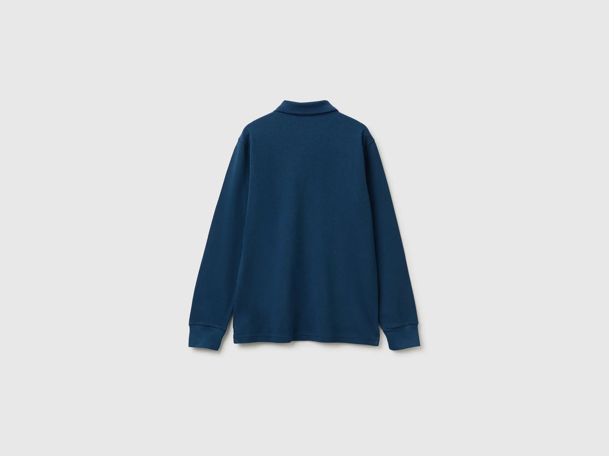 Benetton Dark Blue Boys Long-Sleeved Polo Shirt in Organic Cotton SKU: 3089C302E_37T Image 02