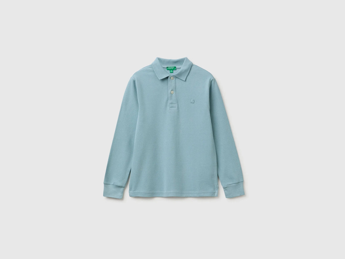 Benetton Light Blue Boys Long-Sleeved Polo Shirt in Organic Cotton SKU: 3089C302E_3E4 Image 01