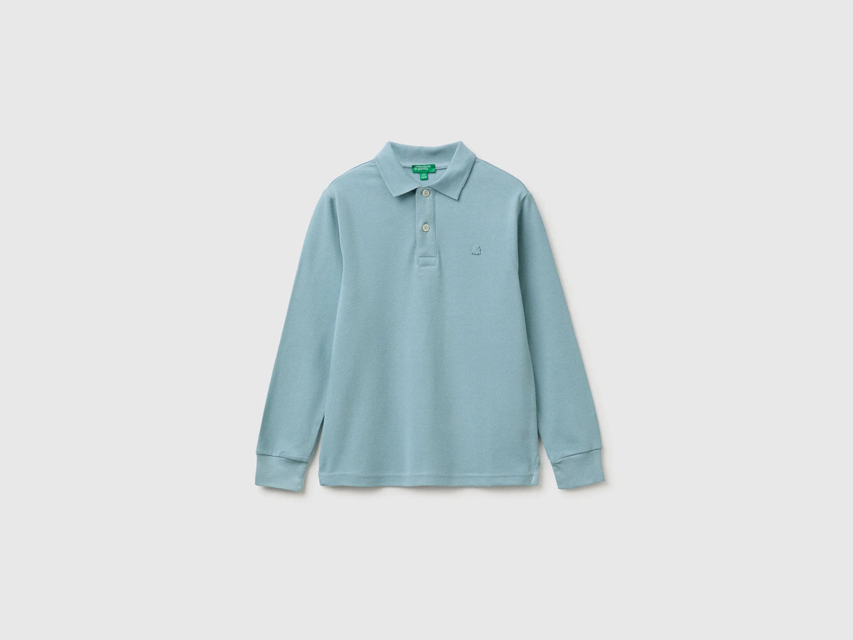 Benetton Light Blue Boys Long-Sleeved Polo Shirt in Organic Cotton SKU: 3089C302E_3E4 Image 01