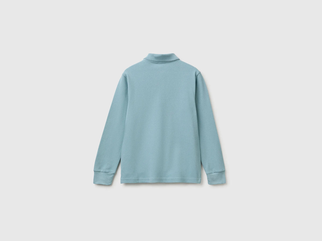 Benetton Light Blue Boys Long-Sleeved Polo Shirt in Organic Cotton SKU: 3089C302E_3E4 Image 02
