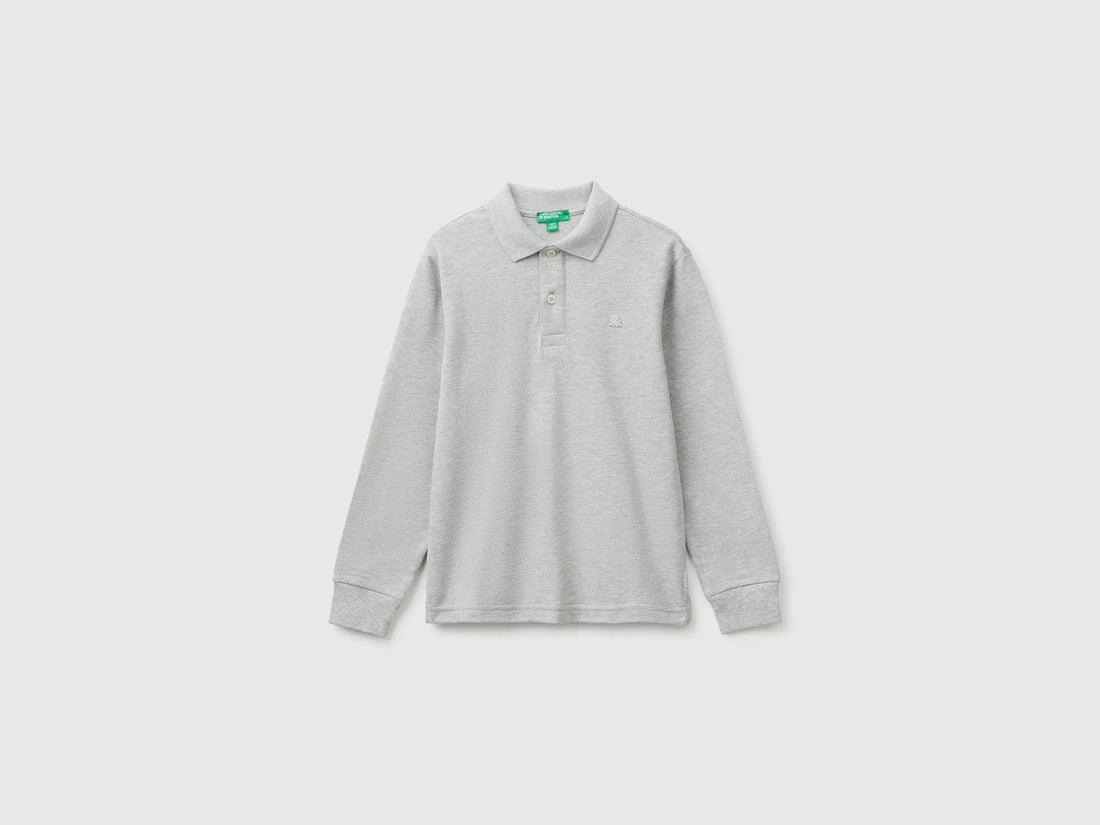 Benetton Light Gray Boys Long-Sleeved Polo Shirt in Organic Cotton SKU: 3089C302E_501 Image 01