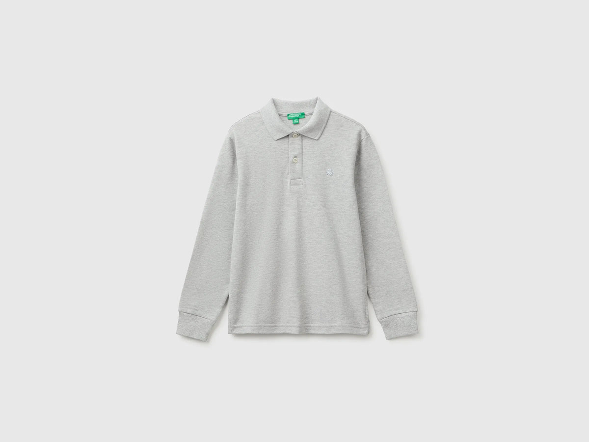 Benetton Light Gray Boys Long-Sleeved Polo Shirt in Organic Cotton SKU: 3089C302E_501 Image 01