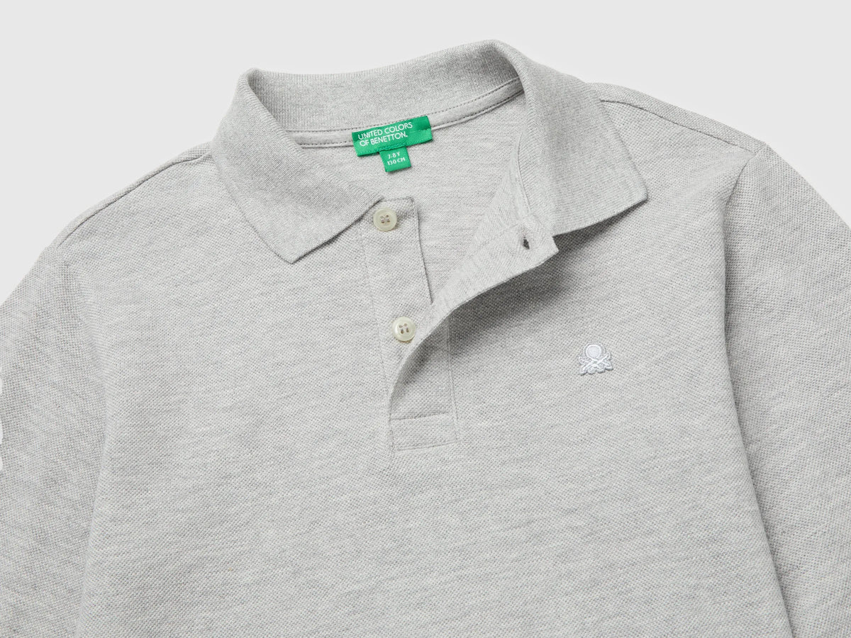 Benetton Light Gray Boys Long-Sleeved Polo Shirt in Organic Cotton SKU: 3089C302E_501 Image 03