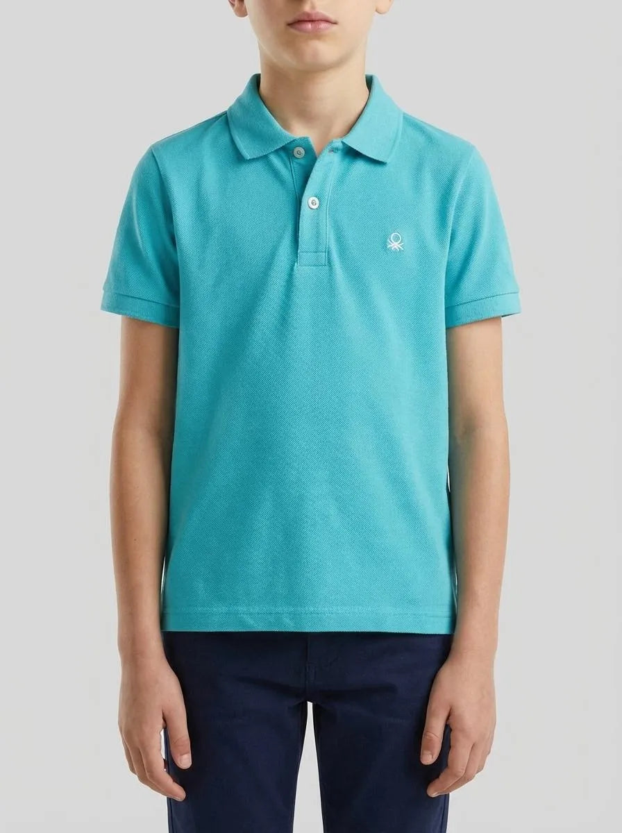 Benetton Aqua Boys Short-Sleeved Polo in Pure Cotton SKU: 3089G3008_28G Image 00