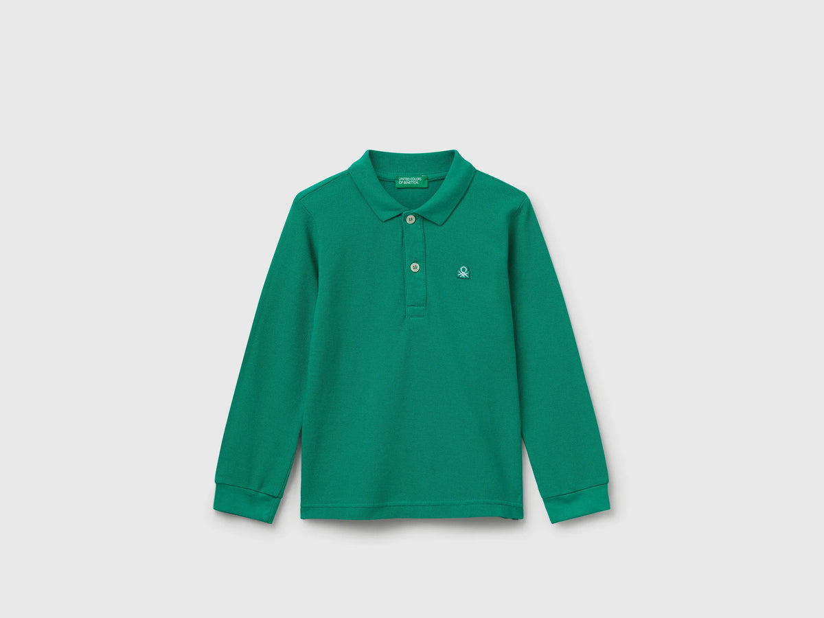 Benetton Green Boys Long Sleeve Polo in Cotton SKU: 3089G3009_108 Image 01