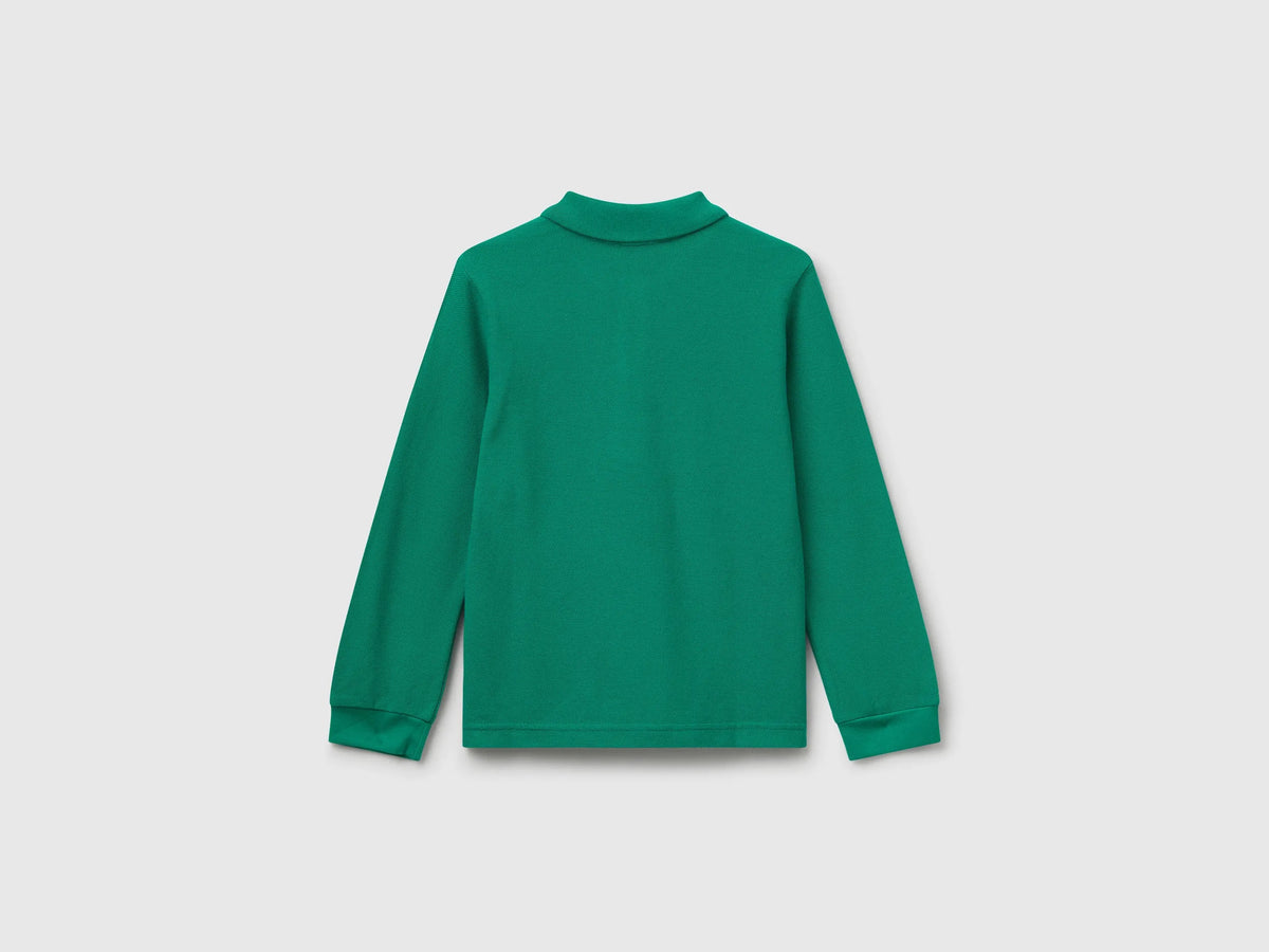 Benetton Green Boys Long Sleeve Polo in Cotton SKU: 3089G3009_108 Image 02