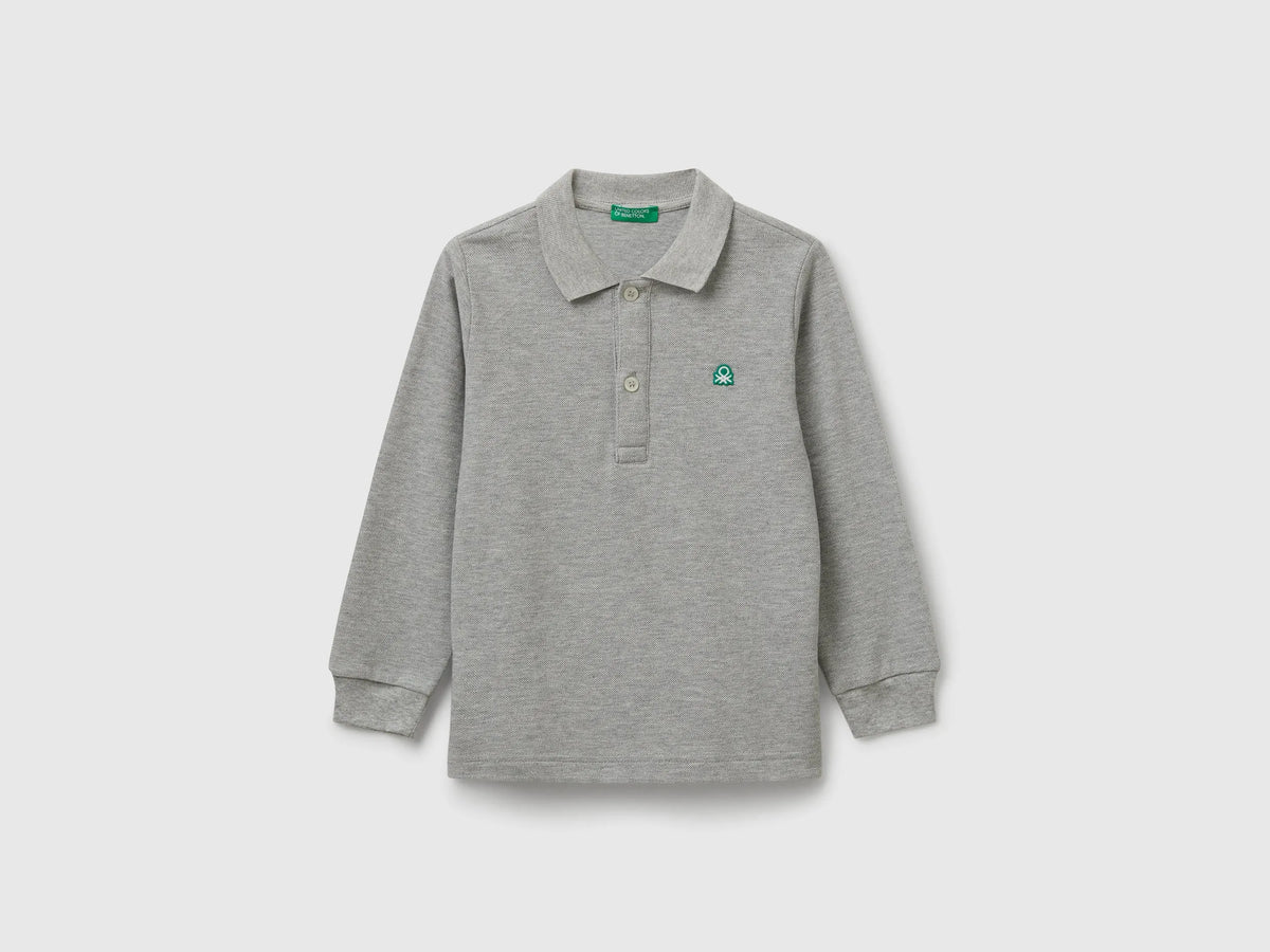 Benetton Light Gray Boys Long Sleeve Polo in Cotton SKU: 3089G3009_501 Image 01