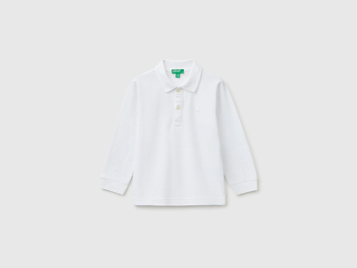 Benetton White Boys 100% Organic Cotton Long-Sleeved Polo Shirt SKU: 3089G3017_101 Image 01