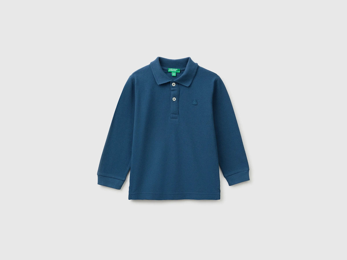 Benetton Dark Blue Boys 100% Organic Cotton Long-Sleeved Polo Shirt SKU: 3089G3017_37T Image 01
