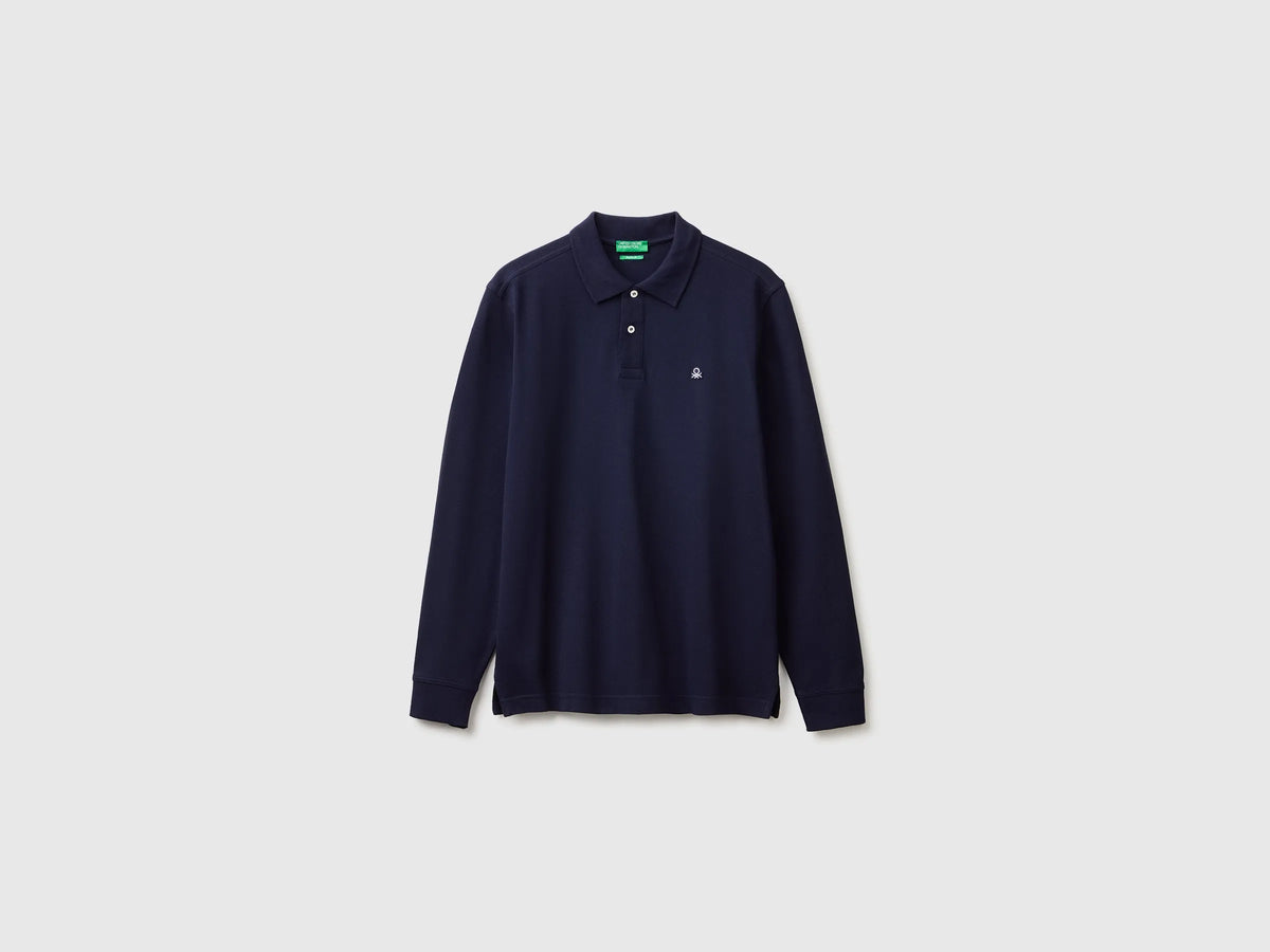 Benetton Dark Blue Men Long Sleeve Cotton Polo SKU: 3089J3204_016 Image 01