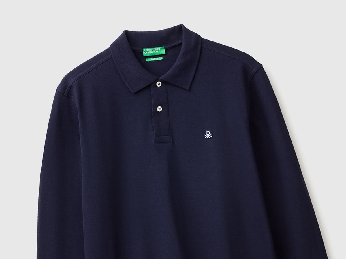 Benetton Dark Blue Men Long Sleeve Cotton Polo SKU: 3089J3204_016 Image 03