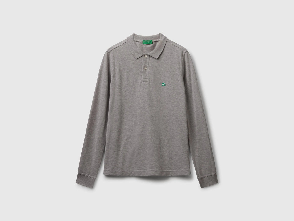 Benetton Light Gray Men Long Sleeve Cotton Polo SKU: 3089J3204_501 Image 01