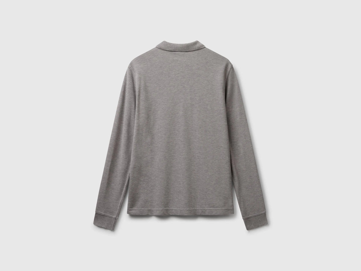 Benetton Light Gray Men Long Sleeve Cotton Polo SKU: 3089J3204_501 Image 02