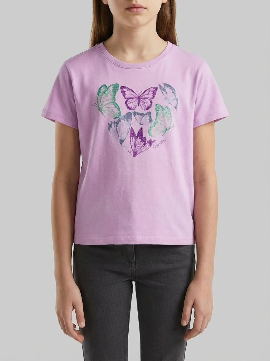 Benetton Lilac Girls T-Shirt with Print and Glitter SKU: 3096C10SG_00L Image 00