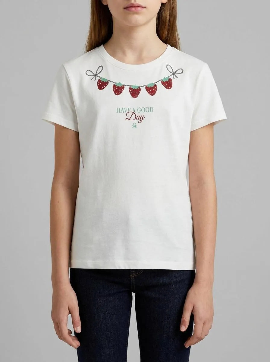 Benetton Creamy White Girls T-Shirt with Print and Glitter SKU: 3096C10SG_074 Image 00