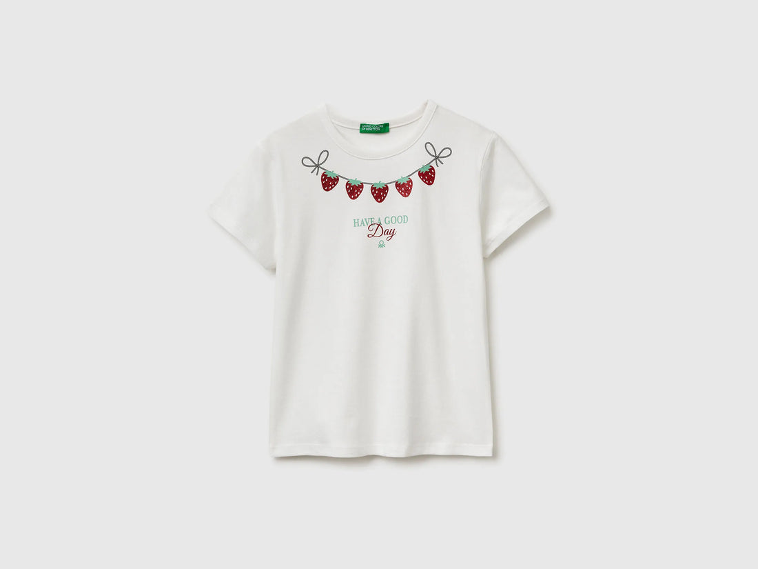 Benetton Creamy White Girls T-Shirt with Print and Glitter SKU: 3096C10SG_074 Image 01