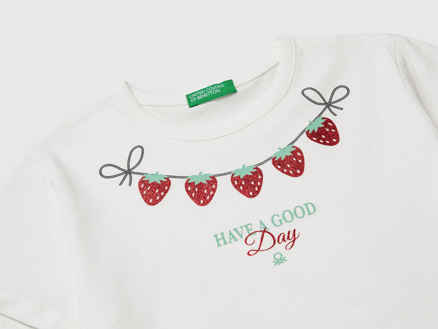Benetton Creamy White Girls T-Shirt with Print and Glitter SKU: 3096C10SG_074 Image 03