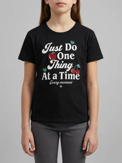 Benetton Black Girls T-Shirt with Print and Glitter SKU: 3096C10SG_100 Image 00