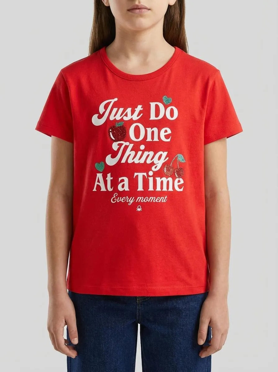 Benetton Red Girls T-Shirt with Print and Glitter SKU: 3096C10SG_30A Image 00