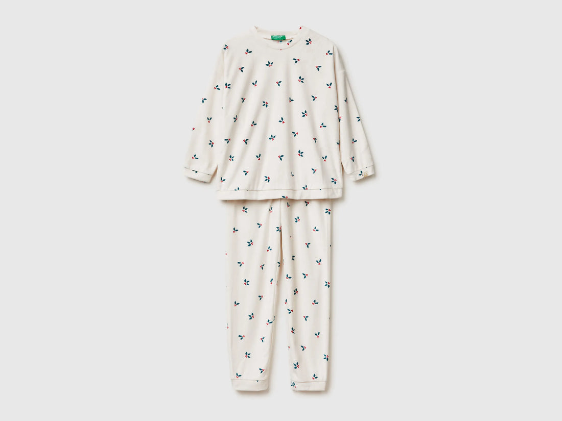 Benetton Creamy White Girls Christmas Pyjamas with Holly SKU: 312W0P09R_67P Image 01