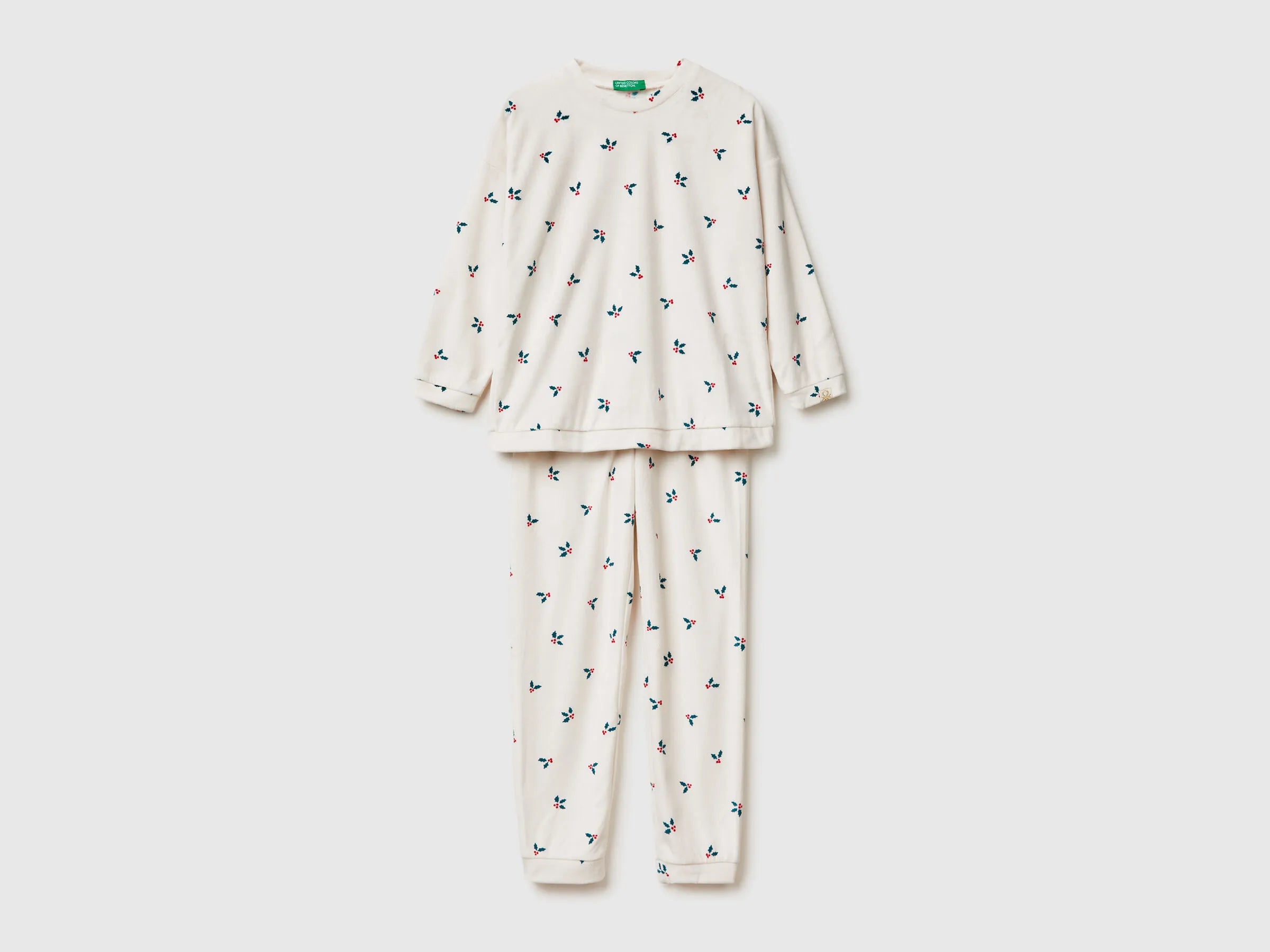 Benetton Creamy White Girls Christmas Pyjamas with Holly SKU: 312W0P09R_67P Image 01
