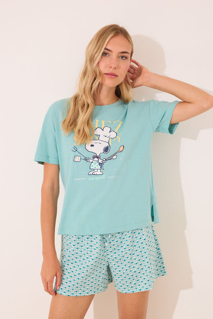 Women Secret_100% Cotton Snoopy Green Short Pyjamas_3132115_26_02
