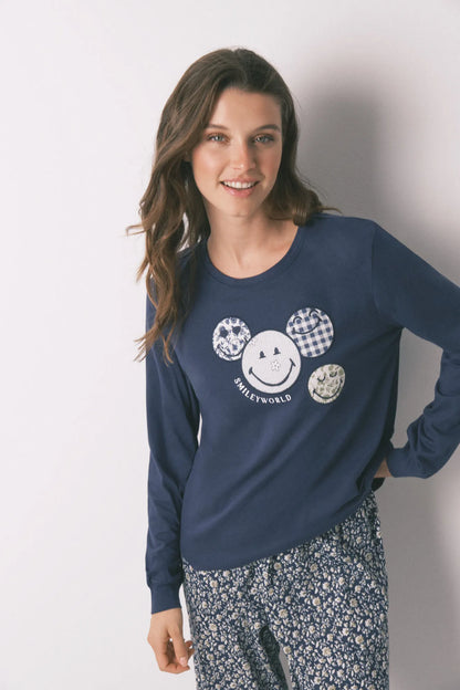 Women Secret_Navy_100% Cotton Long Pyjamas Smileyworld¨ Blue_3132135_10_04