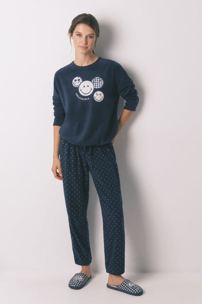 Women Secret_Navy_Smileyworld¨ Navy Fleece Long Pyjamas_3132142_10_01