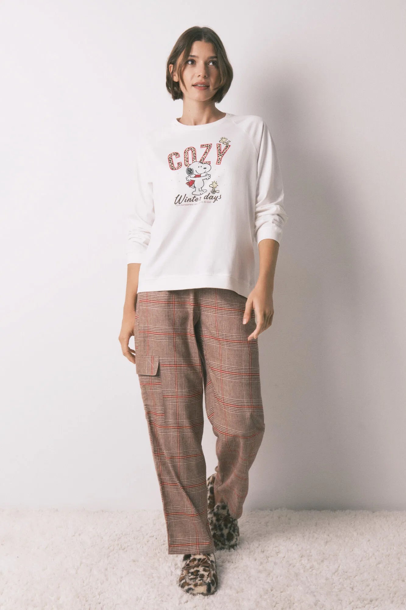Women Secret_Ivory_Long 100% Cotton Printed Check Pajamas Snoopy_3132215_96_01
