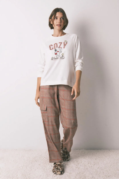 Women Secret_Ivory_Long 100% Cotton Printed Check Pajamas Snoopy_3132215_96_01