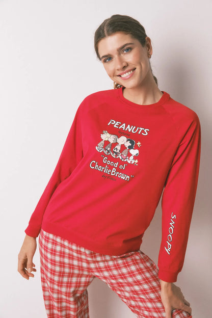 Women Secret_Red/Coral_Long 100% Cotton Printed Red Check Pajamas Snoopy_3132216_62_02