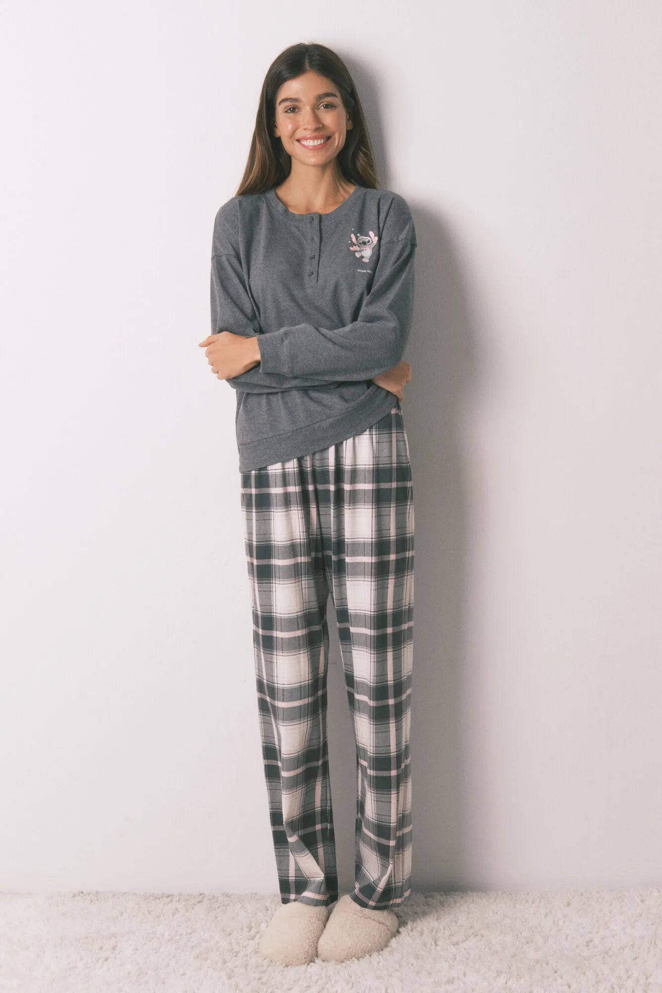 Women Secret_Medium Grey_Long Pyjamas 100% Cotton Grey Plaid Stitch_3132217_46_01