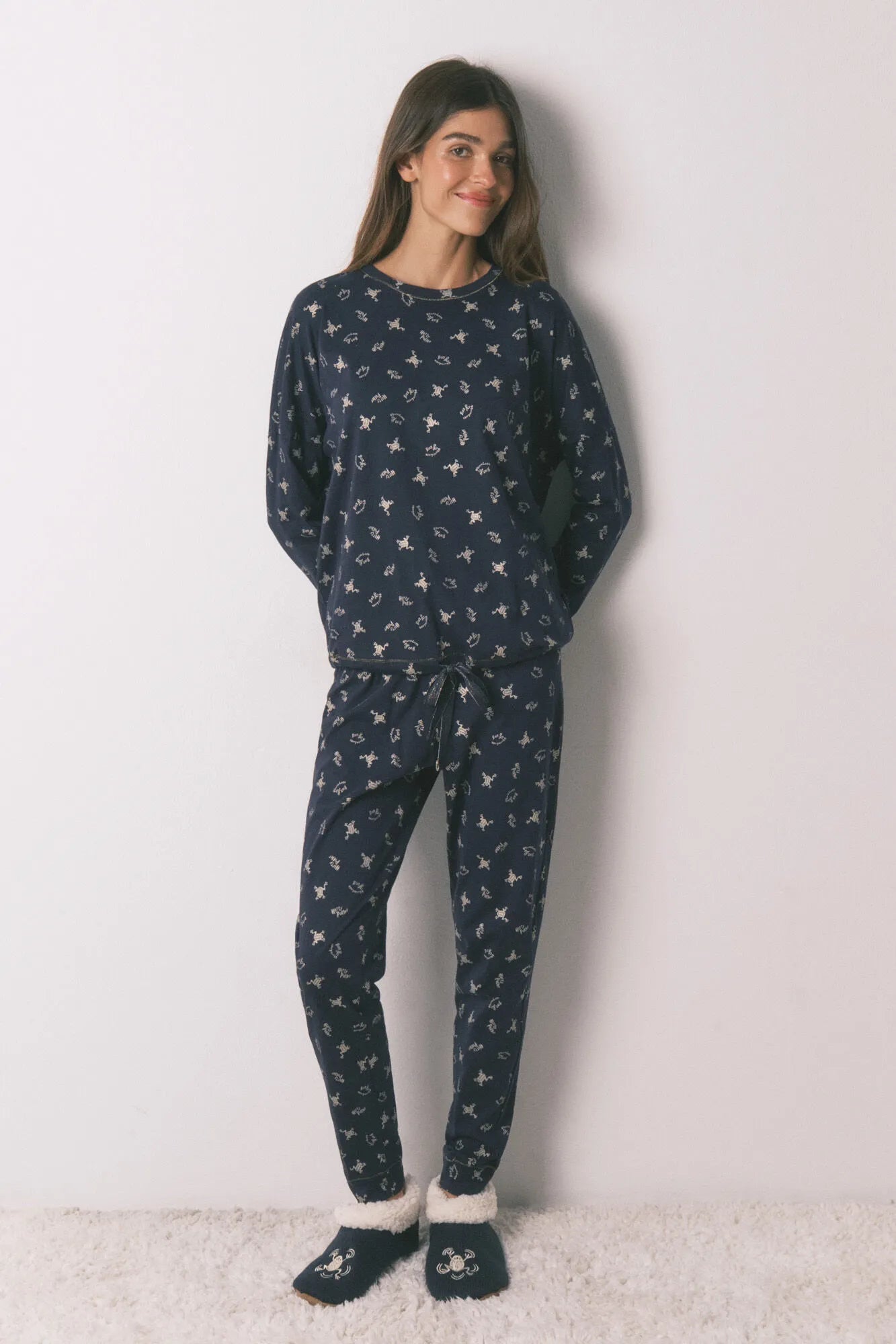 Women Secret_Navy_Long 100% Cotton Blue Pyjamas with Frog Print_3132231_10_02