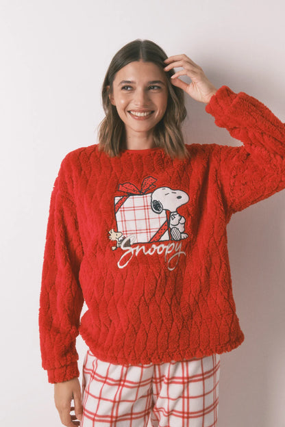 Women Secret_Red/Coral_Long Fleece Pajamas Red Checks Snoopy_3132235_62_03