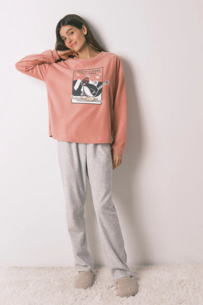 Women Secret_Pink_Soft Pink and Grey Fleece Long Pyjamas Pingu_3132242_72_01