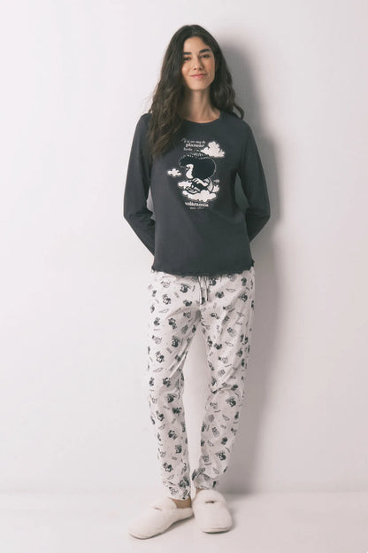 Women Secret_Charcoal Grey_Grey 100% Cotton Print Long Pyjamas Mafalda_3133476_40_01
