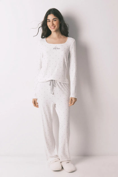 Women Secret_Ivory_White Ribbed Star Print Long Pyjamas_3133481_96_03