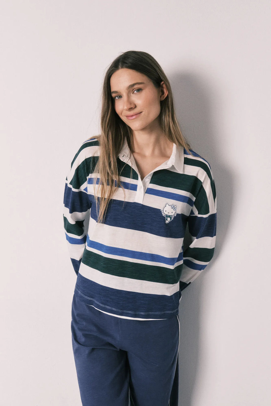 Women Secret Blue Print Women Cotton Striped Polo Long Pyjamas Hello Kitty SKU: 3133511_19 Image 01