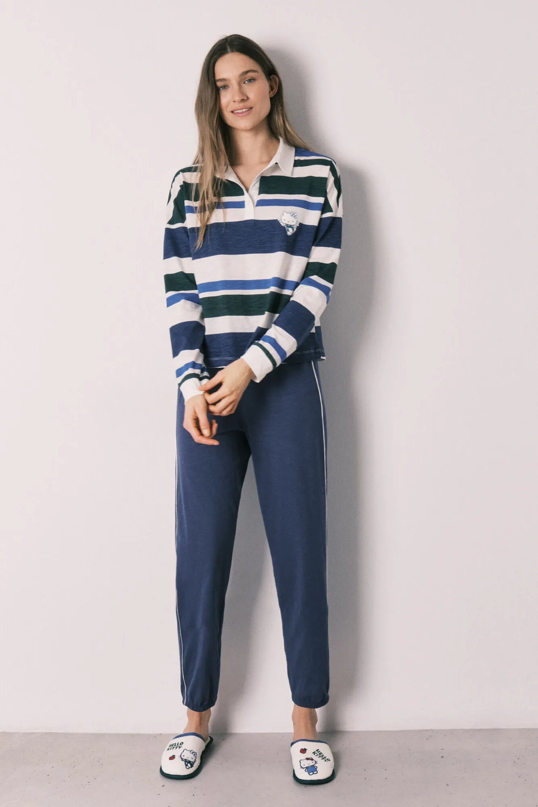 Women Secret Blue Print Women Cotton Striped Polo Long Pyjamas Hello Kitty SKU: 3133511_19 Image 02