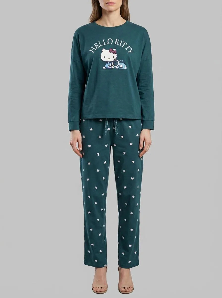 Women Secret Bottle Women Green Cotton Long Pyjamas Hello Kitty SKU: 3133513_20 Image 00