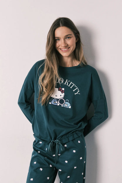 Women Secret Bottle Women Green Cotton Long Pyjamas Hello Kitty SKU: 3133513_20 Image 02