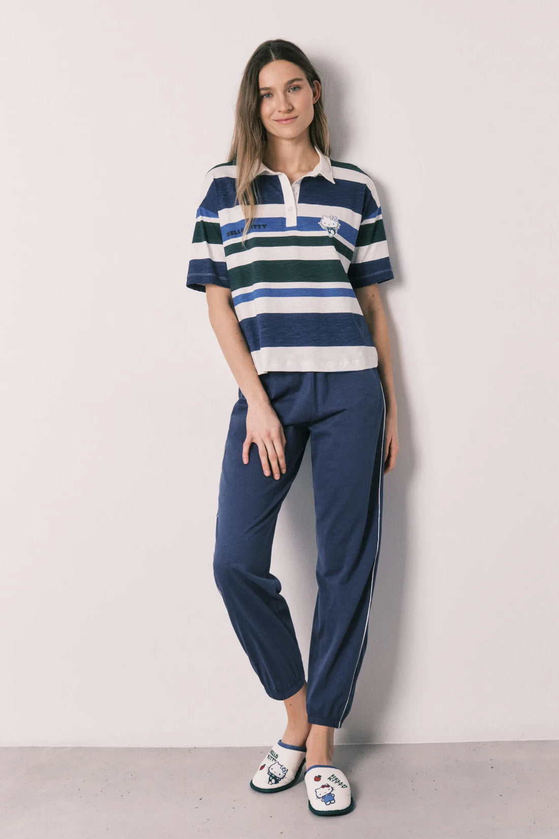 Women Secret Blue Print Women Cotton Striped Polo Short-Sleeved Pyjamas Hello Kitty SKU: 3133516_19 Image 01