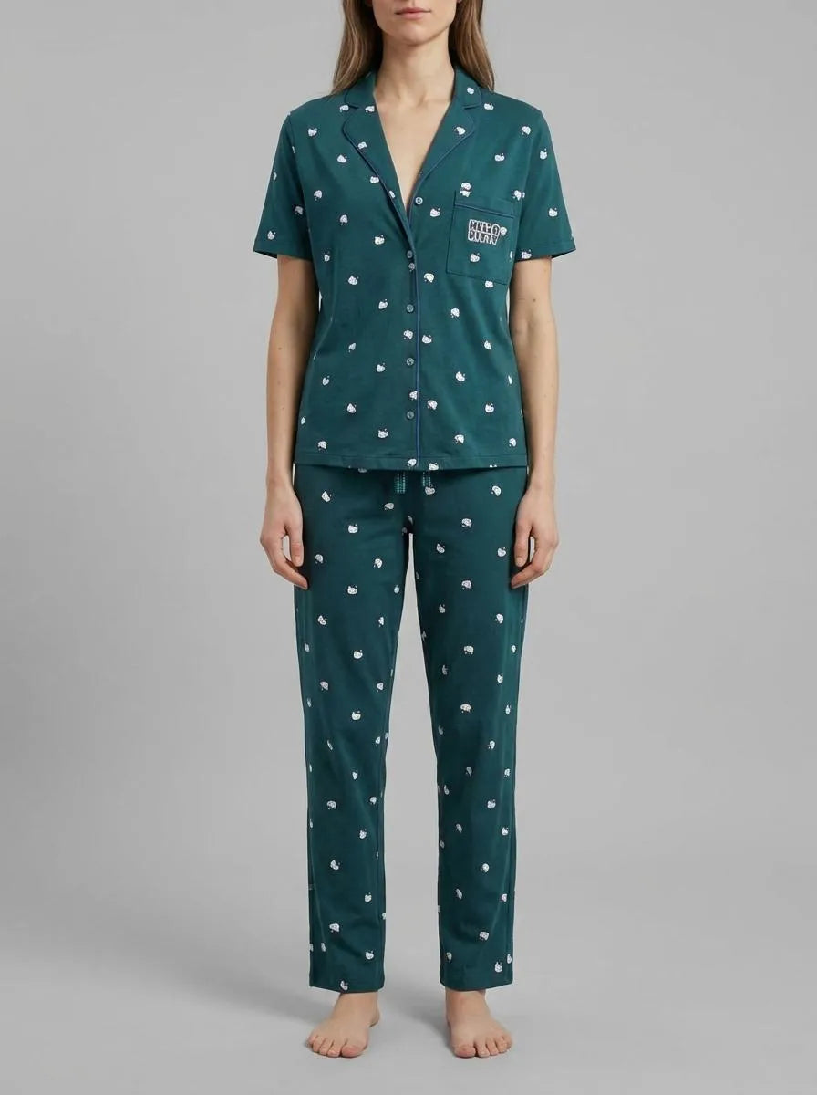Women Secret Green Print Women Cotton Classic Short Sleeve Pyjamas Hello Kitty SKU: 3133517_29 Image 00