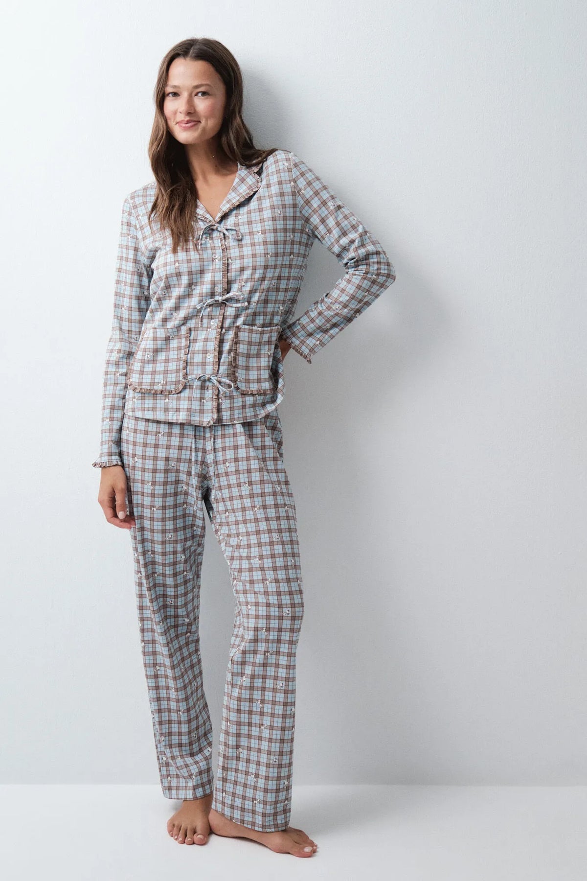 Women Secret Brown Print Women Plaid Classic Pyjamas with Bows SKU: 3134066_39 Image 03