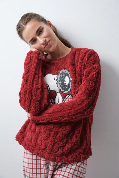 Women Secret Wine Women Snoopy Plaid Fleece Long Pyjamas SKU: 3134161_68 Image 01