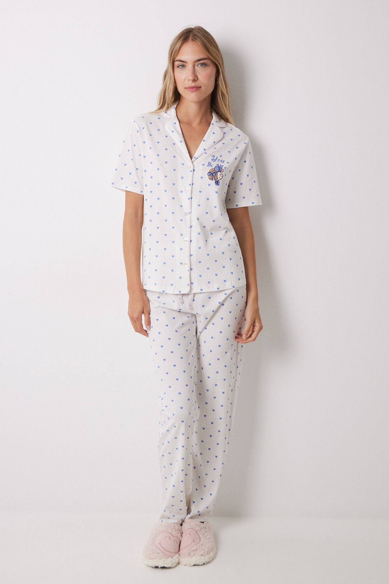 Women Secret_100% Cotton Shirt Pajamas with Blue Hearts_3139850_97_03